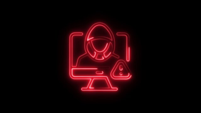 Red Neon Icon of a Computer Screen with Driver and Warning Symbol on Black Background