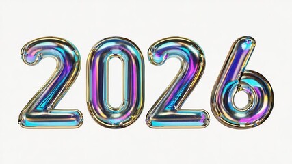 Wall Mural - the year is 2026 and it is a colorful and shiny font. the font is made of metal and has a futuristic