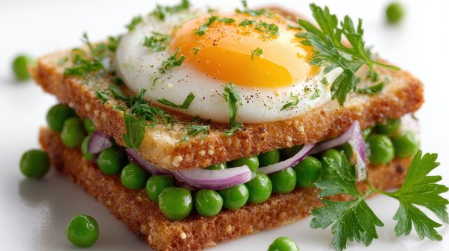 Clean white background with toast stacked and layered with green peas,