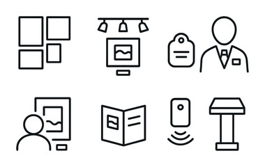 gallery exhibit icons. outline icon set of gallery exhibition layout: wall grid, art lighting, label