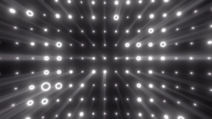 Poster - Glowing white dots and rings form a high-tech tunnel structure, with beams and blur effects creating depth and symmetry