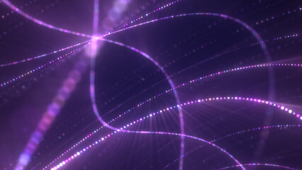 Poster - Vibrant purple and pink light trails forming an elegant, swirling abstract digital web on a dark background
