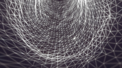 Poster - Monochrome digital mesh tunnel with glowing white triangle wireframes forming a dynamic data grid structure