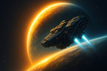 Wall Mural - Futuristic spaceship exploring distant galaxy.