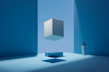 Poster - Abstract Blue Geometric Composition Floating Cube on Podium with Plant. Mock up promotion information for marketing announcements and details, blank white space.