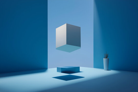 Abstract Blue Geometric Composition Floating Cube on Podium with Plant. Mock up promotion information for marketing announcements and details, blank white space.