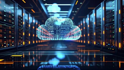 Poster - High-tech storage environment showcasing a digital cloud and data flow in a server room with glowing circuits and vibrant colors