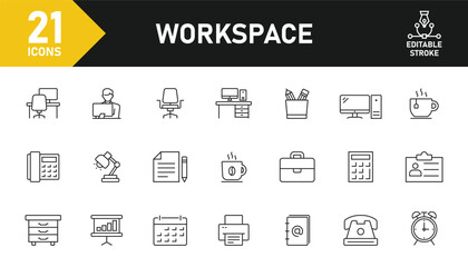 Wall Mural - Workspace and office line icon set. Set of 21 outline icons related to coworking, desktop, devices, computer, table, office and others. Editable stroke. Vector illustration.