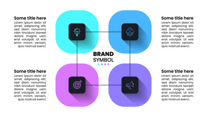 Poster - Infographic template. Connected squares with 4 icons