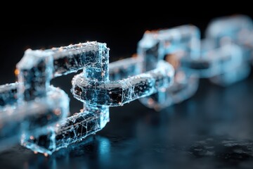 Poster - A glowing blockchain link, close-up view on a wet surface with dark background. Illustrates concepts like technology, security, connection, and decentralization.