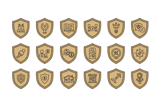 Collection of shield icons presents a robust set of concepts for security, protection, and diverse business solutions with a classic outline style.