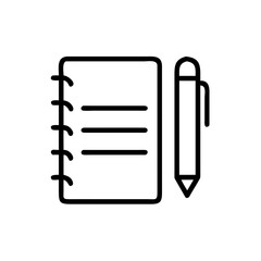 Poster - simple outline icon of a spiral notebook and a pen, ideal for websites or blogs indicating notes, writing, or planning. The style is line art.