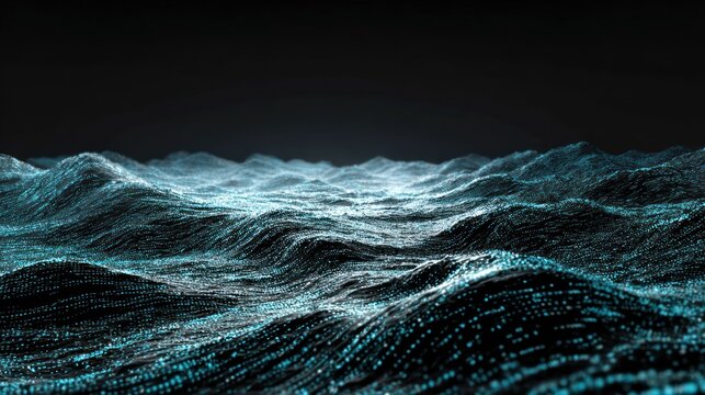 Abstract digital landscape of shimmering turquoise particles