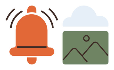 Poster - Orange ringing bell alongside a simple landscape image with mountains and sky. Ideal for notifications, media sharing, digital alerts, reminders, communication, online tools, and cloud concepts. A