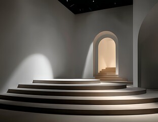 Fototapete - Modern Spiral Staircase in a Minimalist White Architectural Space, A captivating image of a smooth, elegant spiral staircase ascending within a minimalist, white architectural setting.