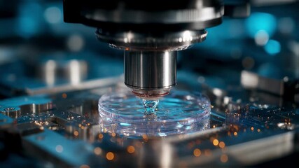 Poster - Modern microscope is performing analysis on a petri dish, showcasing cutting edge technology in a scientific laboratory environment, emphasizing innovation in research and development