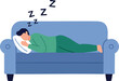 © DesignVectX - Man sleeping on blue couch resting peacefully in green pajamas with pillow vector illustration