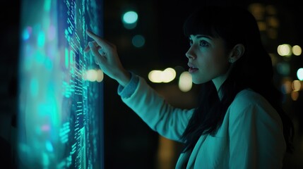 Poster - Elegant woman interacts with augmented reality interface at night