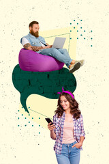 Aufkleber - Template collage 3D sketch of couple young man sit beanbag type laptop lady stand smile smartphone app communication bubble conversation