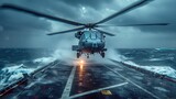 A Sikorsky MH-60 Seahawk helicopter hovers low over massive, stormy ocean waves, its crew visible inside. The scene is dramatic and powerful, conveying the danger and skill of a maritime mission