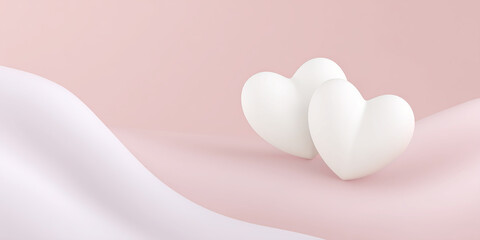 Poster - Two white heart shapes resting on a soft pink surface, surrounded by gentle curves and waves, creating a serene and romantic atmosphere for design and decoration purposes