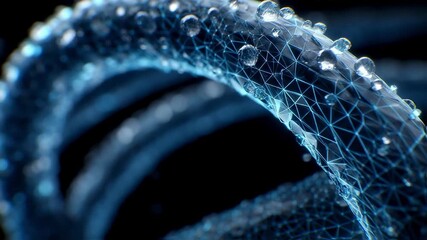 Poster - Plexus structure covered with water droplets rotating on a dark background, creating a futuristic and innovative concept related to nanotechnology, materials science, and advanced research