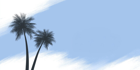 Poster - Tropical palm trees silhouette against a soft blue background with brushstroke texture, creating a serene and calming atmosphere for design and creative projects
