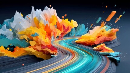 Fototapete - Global Data Flow, vibrant 3D visualization showcasing data traffic across continents, illuminated trails intertwining with code fragments, dynamic and engaging banner design