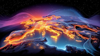 Poster - Cyber network infrastructure on a digital map, illuminated fiber optics and vibrant data clusters, designed for optimal visibility and engagement in digital formats
