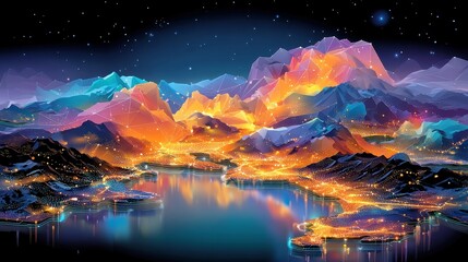 Poster - Digital Connectivity, a vibrant cyber network infrastructure displayed on a digital map, illuminated fiber optics and data clusters create a striking and engaging visual composition