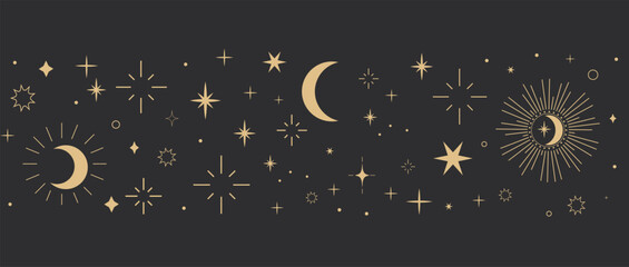 Wall Mural - Elegant decorative star dividers with golden glow. Collection of celestial signs and objects for magic-themed art and holiday invites.