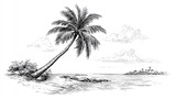 Engraving sketch of tropical beach with curved palm tree, distant island, ocean horizon and cloudy sky