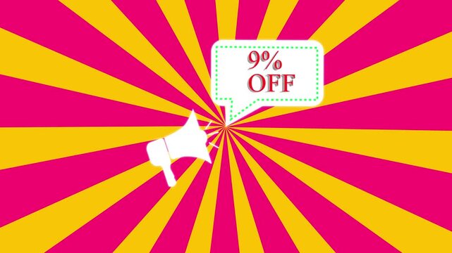 3d letters rotate  9% percent off banner. Megaphone with speech bubble in flat style. Sale concept. Advertising, marketing speech Concept poster for social networks, 4K video animation