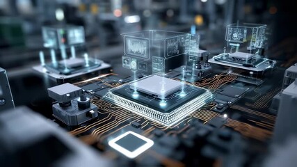 Aufkleber - Complex electronic components and circuits on a motherboard are being connected, with a holographic projection illustrating the data flow and connectivity of the cpu