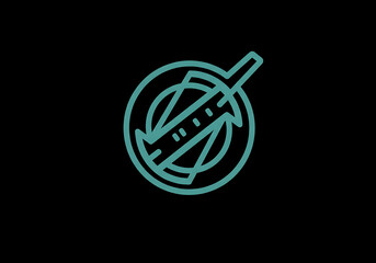 Poster - A teal line drawing of a sword going through a circle on a black background in simple vector art