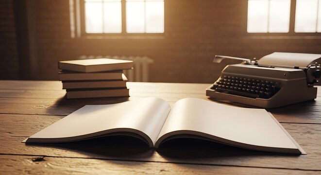 Open Book, Typewriter on Wooden Table, Vintage Interior