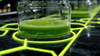 Poster - Green liquid bubbles in a glass container on a futuristic platform with glowing neon circuits, suggesting advanced scientific research and innovation
