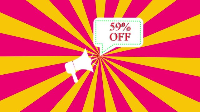 3d letters rotate  59% percent off banner. Megaphone with speech bubble in flat style. Sale concept. Advertising, marketing speech Concept poster for social networks, 4K video animation