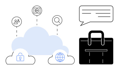 Poster - Cloud storage icons connecting users, video, search, security, and global access. Business briefcase and chat bubble emphasize efficiency, collaboration, networking. Ideal for technology startups