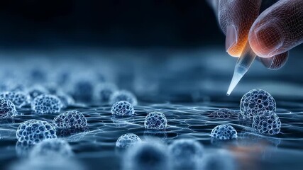 Poster - Polygonal hand using a pipette to analyze cells, representing groundbreaking innovation in medical research and cell manipulation for disease treatment and scientific discovery