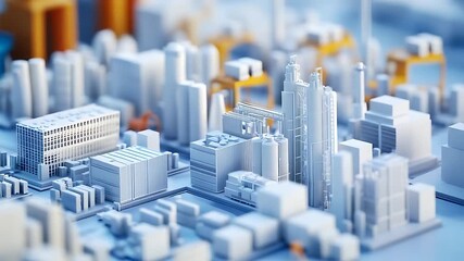 A detailed miniature cityscape showcasing modern architecture with cranes in the background