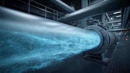 Aufkleber - Glowing blue energy particles flowing seamlessly through a large industrial pipeline in a modern processing plant, representing innovation in energy transmission and industrial technology