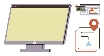 Poster - Desktop monitor alongside analytics charts, navigation map, and location marker. Ideal for business, data insights, navigation, planning, productivity digital strategy modern technology. Simple
