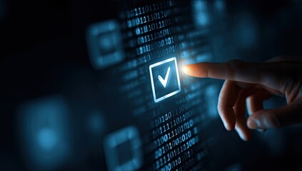 a finger touches a checkmark icon on a dark digital display filled with binary code