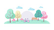 © Umair - Vector illustration of park with bicycle bench trees and clouds for nature outdoor recreation concept design 100
