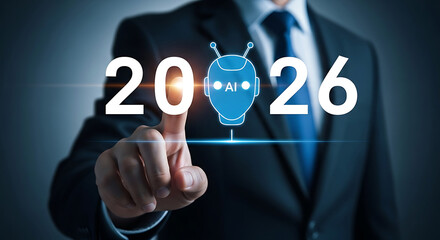 Poster - Businessman interacting with futuristic artificial intelligence concept for the year 2026
