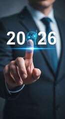 Poster - Businessman interacting with futuristic artificial intelligence concept marking the year 2026