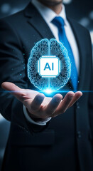 Poster - Businessperson holds glowing artificial intelligence brain representing technology and innovation