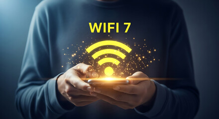 Poster - Person holding phone with wifi 7 symbol demonstrating wireless technology