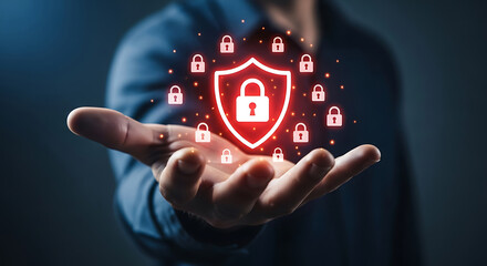 Poster - Protecting data with security shield and digital padlocks symbolizing data protection and privacy